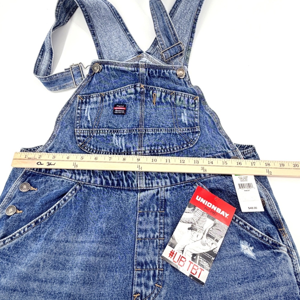 Unionbay Denim Shortalls Women Large Blue NEW Distressed Retro Utility J1L9150 - Picture 14 of 16